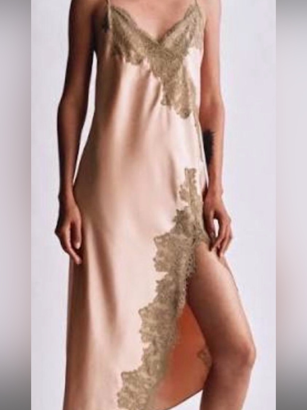 Zara Blush Satin Slip Dress with Gold Lace Trim